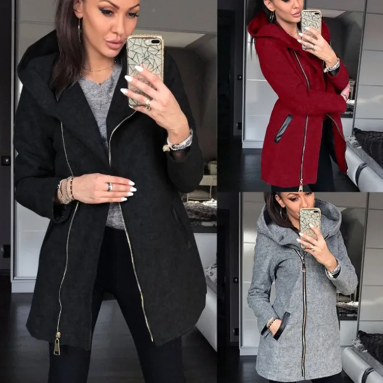 

Fashion side zipper plus fleece coat hooded jacket sweater women
