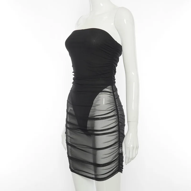 

2021 Spring New Mesh Folds Perspective Fake Two-piece Tube Top Dress Womens Sexy Fashion Mini Skirt Dress Elegant Exotic Dresses