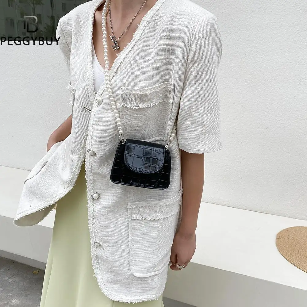 

Vintage Women PU Leather Alligator Pattern Shoulder Crossbody Messenger Bag Casual Ladies Pearl Chain Solid Color Mini Handbags