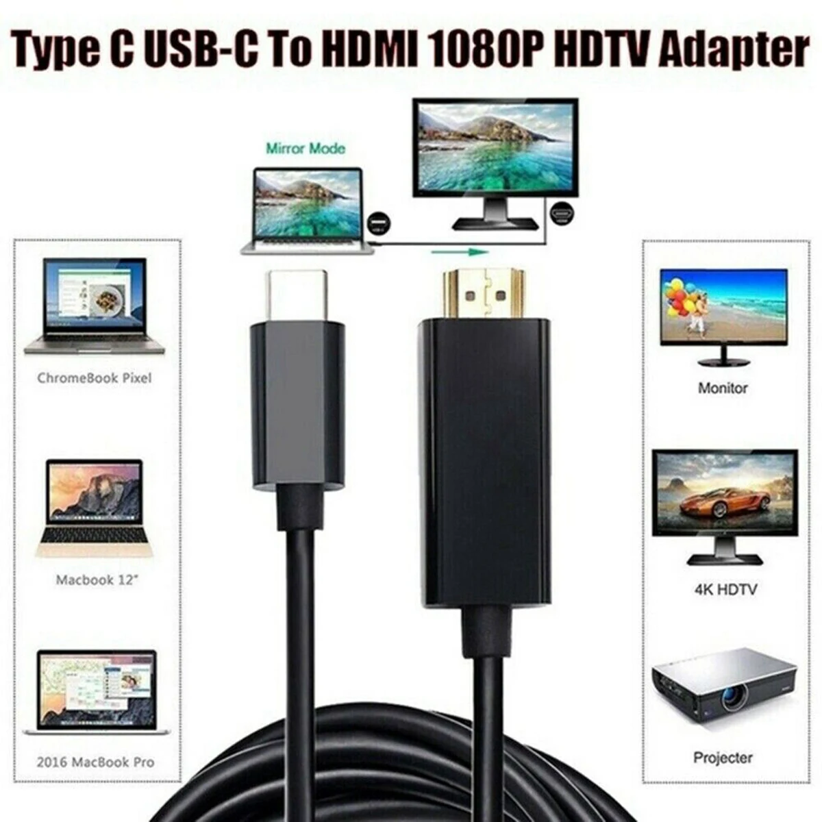 

1080P 4K 1.8m Digital Wire Video Converter Cable 5.9ft USB 3.1 Type-C To HDMI-Compatible Adapter Cable Black