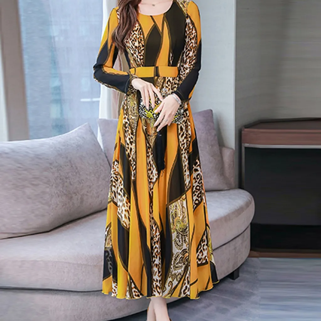 Женское модное осеннее платье до щиколотки с круглым вырезом длинным рукавом и