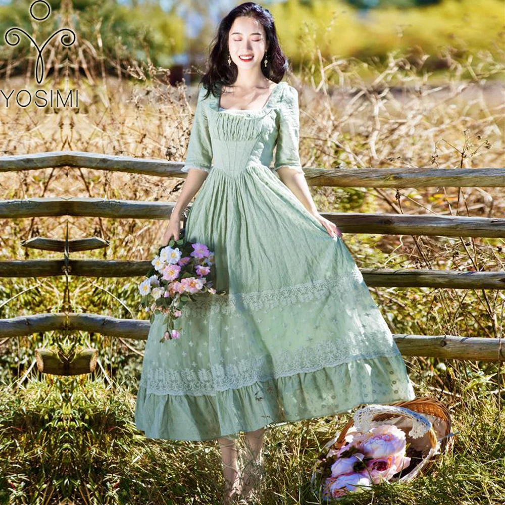 

YOSIMI 2021 Summer Cotton and Lace Long Women Dress Prairie Chic Style Green Mid-calf Short Sleeve Evening Party Women Dress