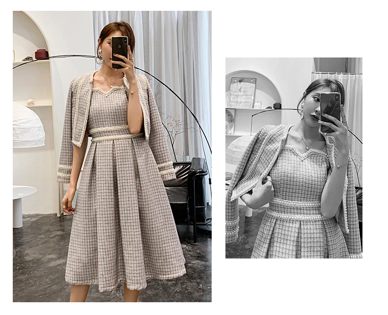 YIGELILA осеннее новое платье Tweeds элегантное платье с v-образным вырезом без рукавов с бисером платье с бретельками до середины икры ТРАПЕЦИЕВИДНОЕ ПЛАТЬЕ 65230