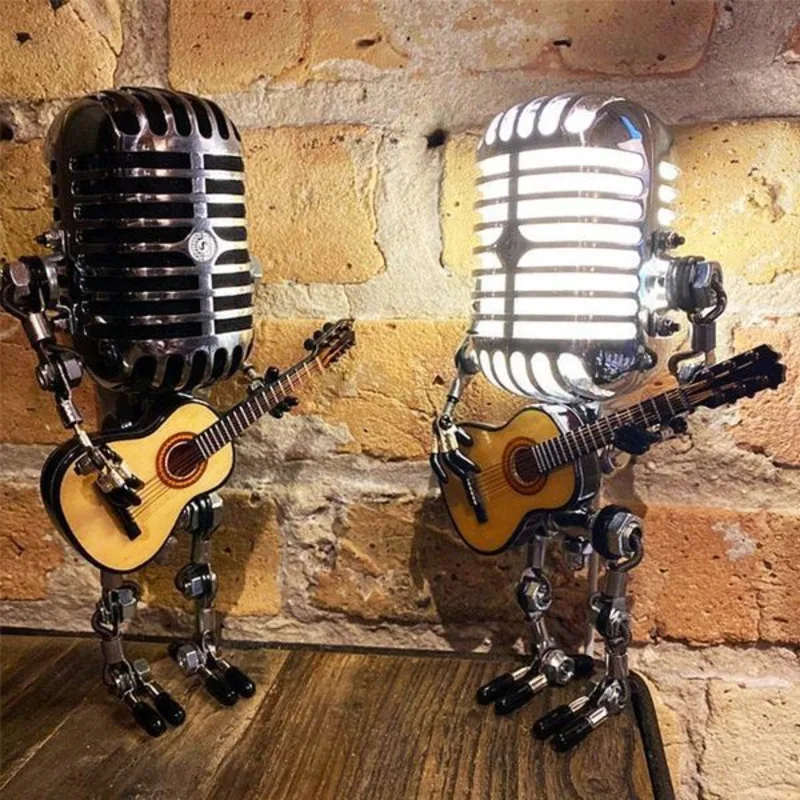 L&aacute;mpara Robot de micr&oacute;fono de Metal Vintage, atenuador t&aacute;ctil, l&aacute;mpara LED de mesa para guitarra, l&aacute;mpara de luz Solar de escritorio-0