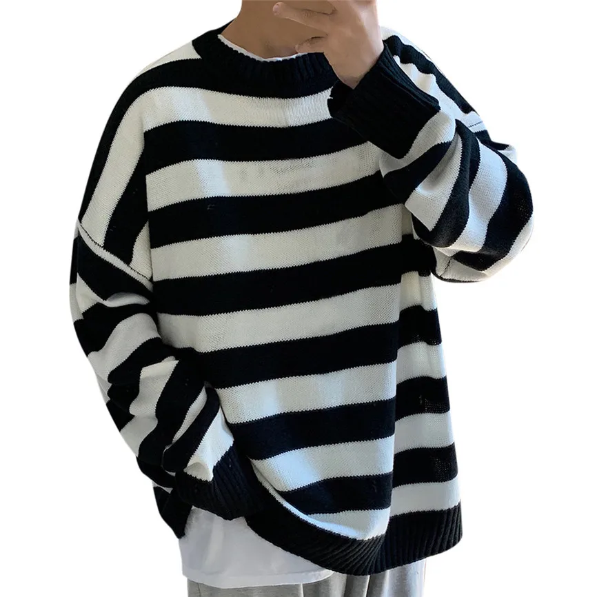 Мужской свитер в полоску модный Свободный пуловер с круглым вырезом Осень-зима