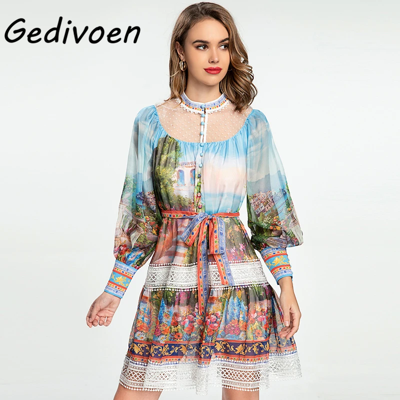 

Gedivoen Fashion Woman Elegant Bohemian Short Dress Stand-Neck Lace Up Loose Waist Lantern Full Sleeve Spliced Print Dresses