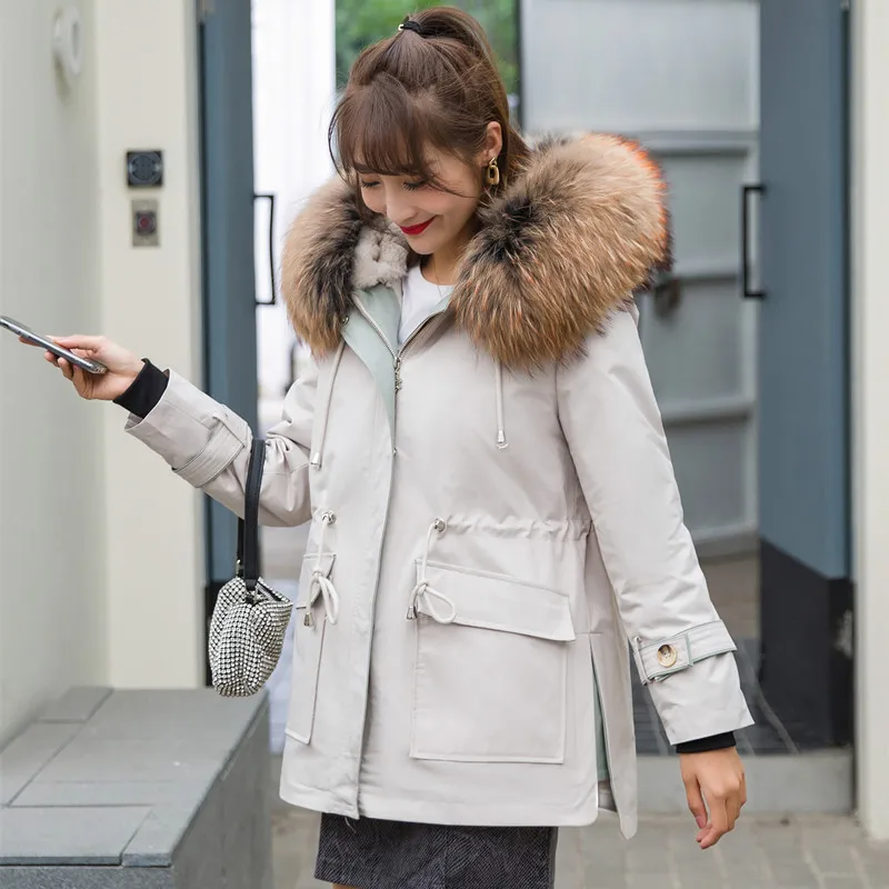 2020 Fxfurs Parka Women's Korean-Style Winter New Real Rabbit Fur Detachable Liner Coat Raccoon Collar Mid-Length | Женская одежда