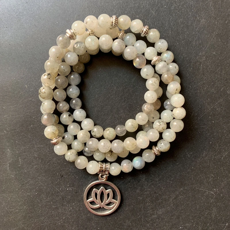 

Natural Labradorite Stone Mala Beads 108 Necklace Prayer Beads Stones Buddhist Lotus Spiritual Meditation Healing Stone