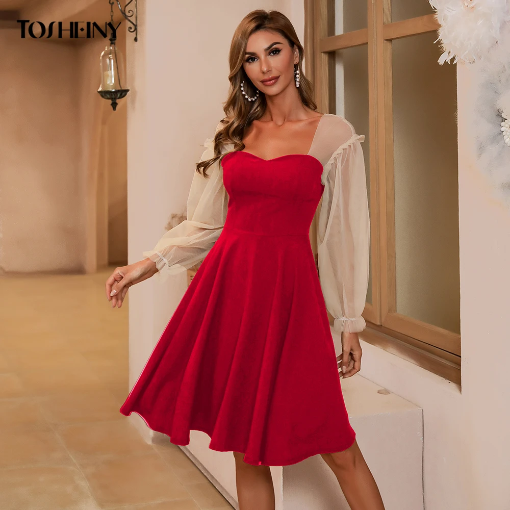 

Tosheiny 2021 Summer Women Dress Sexy Mesh Lantern Sleeve Party Short Bodycon Backless Vintage Red Colorblock Skater Dresses