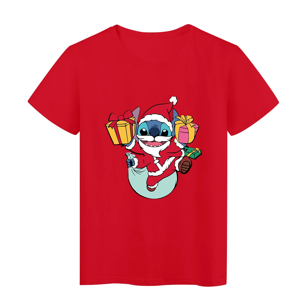 

Santa Stitch Claus giving gifts Women Clothes Disney Breathable Cartoon O-Neck T-shirt Female Silent Night RedBasic Tee Shirt