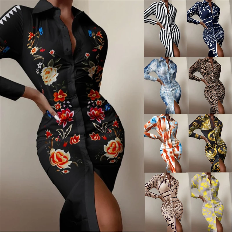 

Autumn Long-sleeved Print Dress Shirt Skirt Women Sexy V-neck Waist Turn-down Collar Bodycon Button Slim Lady Elegant Vestidos