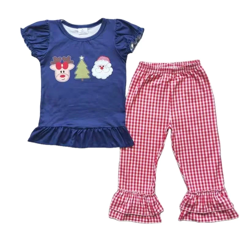 

Рождественский комплект одежды для маленьких девочек с принтом в виде оленя с оборками и обычным рукавом, детская одежда, одежда для малень...