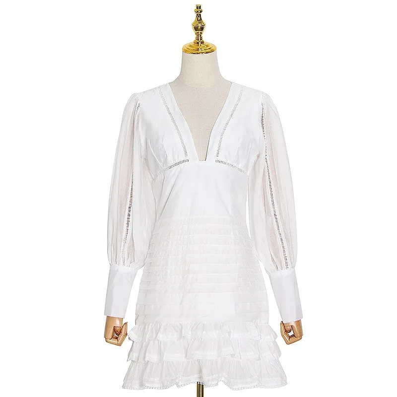 

Spring V Neck Lantern Sleeve Patchwork Pleated Vestidos Slim Waist Solid Chiffon Femme Robe Sexy Fashion Short Women's Dress