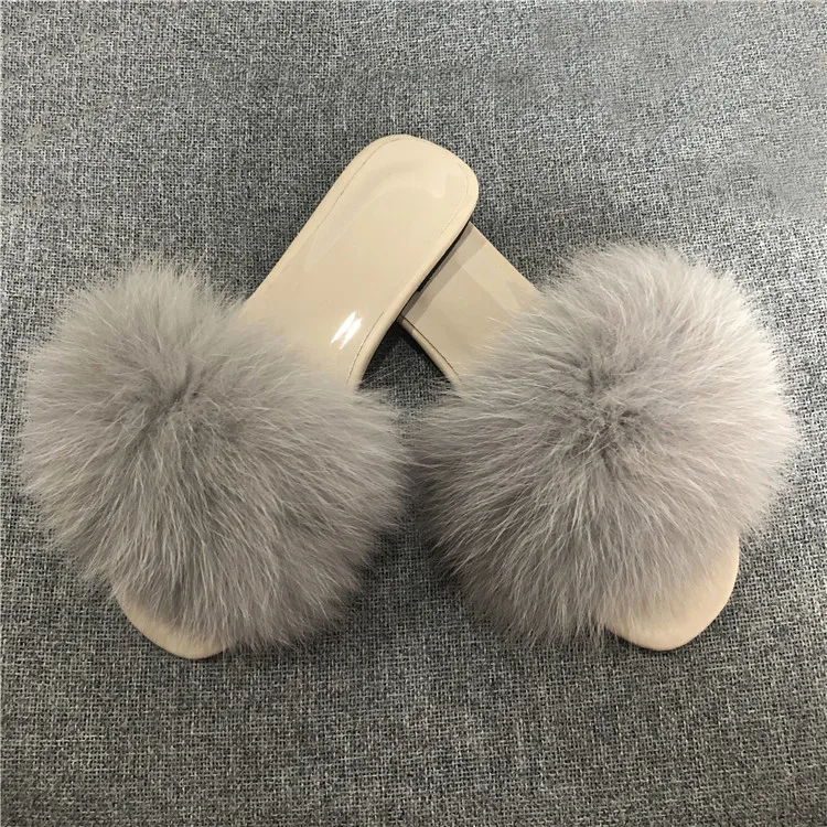 Серый Instagram Online Cilibrity/Женская обувь; меховые шлепанцы; модные женские шлепанцы с натуральным лисьим мехом; летние сандалии с мехом енота для путешествий - Цвет: Серый