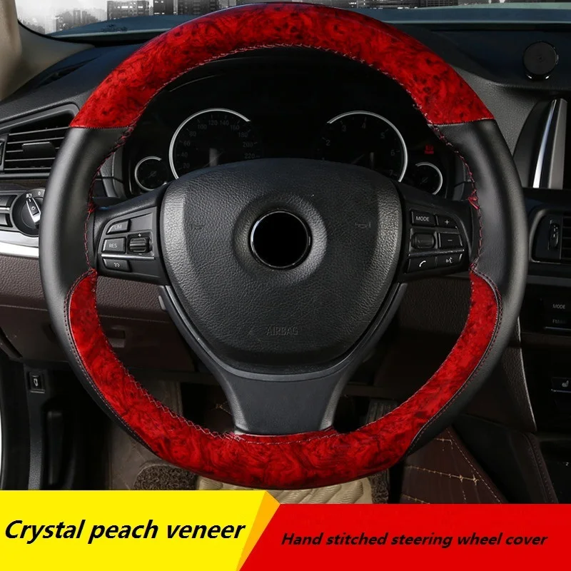 

DIY 38cm Car Steering Wheel Cover Crystal Peach Veneer Material Hand-stitched With Needle And Thread Car Interior Accessories