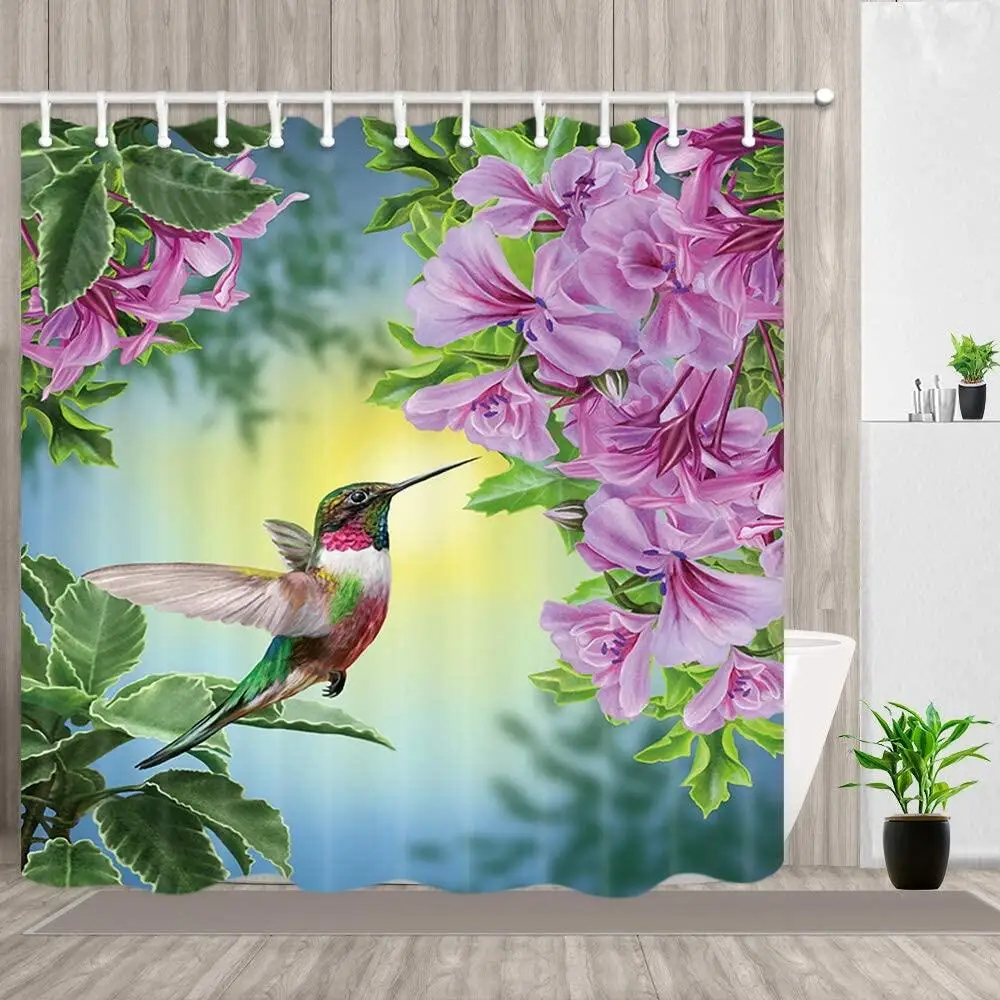 Flowers Shower Curtains Bird Hummingbird with Natural Pink Floral, Bathroom Decor Polyester Fabric Bathtub Curtain with Hooks