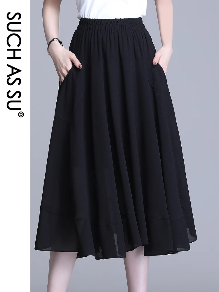

SUCH AS SU Women'S Summer Skirts 2021 Black Ruffles Chiffon Female Slim Skirt Elastic Waist Ladies Elegant Mid Long Skirt