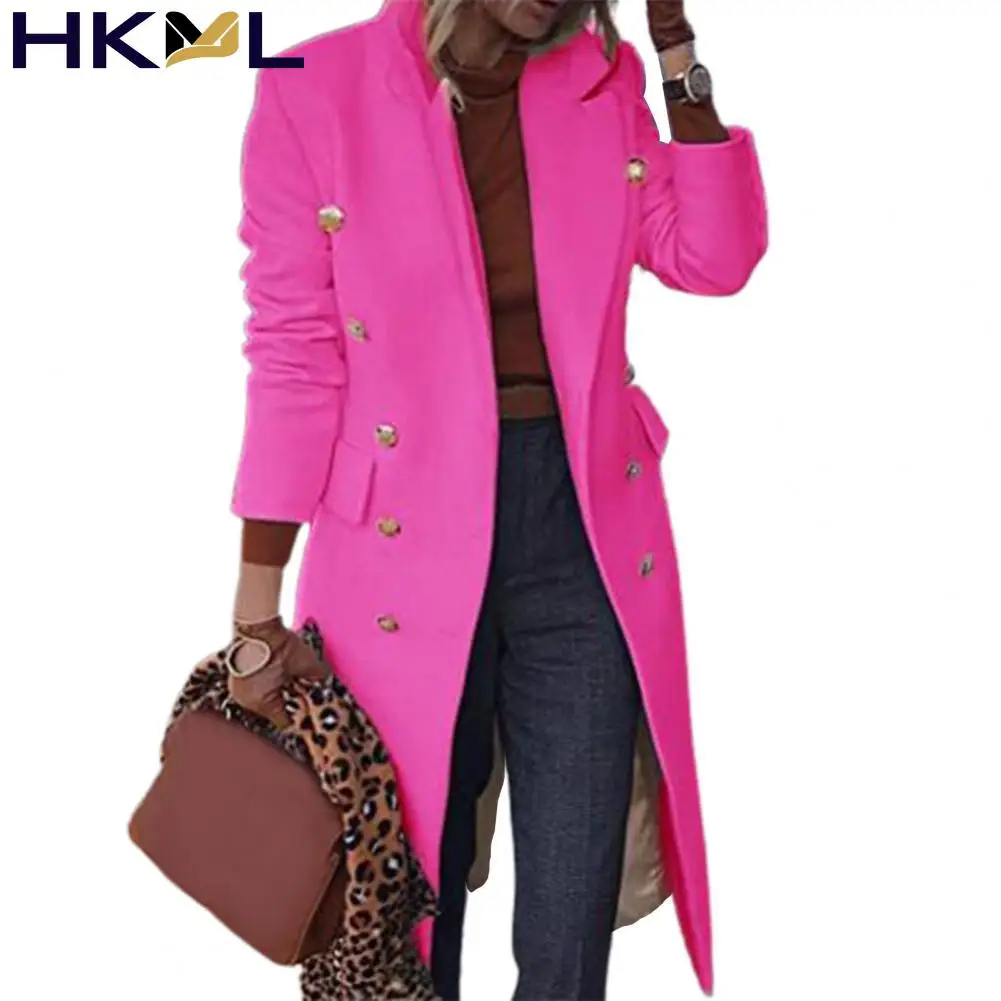 

Женское шерстяное пальто с лацканами, однотонное двубортное пальто до колен большого размера, Осень-зима 2021