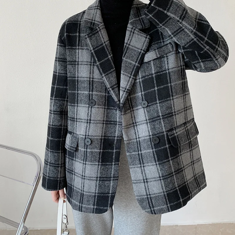 

Plaid Woolen Suit Jacket Women's Autumn Winter 2021 Fashion New Style British Long-Sleeved Loose Casual Coat Trendy 380