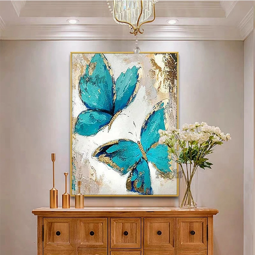

Latest Pure Hand-painted Design Butterfly Wall Canvas Picture Gold Foil Oil Painting Wall Art Unframed Cheap Artwork For Home