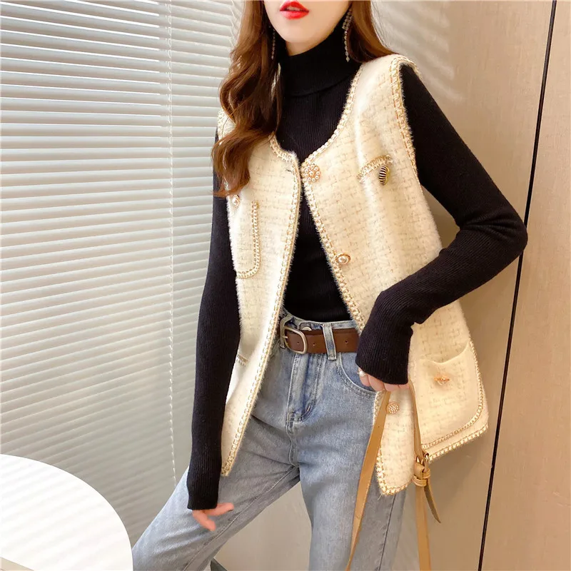 

Chic Elegant Knitted Vest Jacket Women Vintage Sleeveless Single Breasted Cardigan Waistcoat Fashion Casual Outwear Top Y166