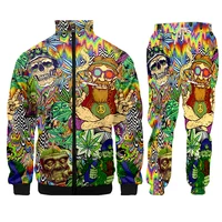 zipped jacket hip hop casual mens sets colorful skull leaves 2 piece sets clothes men streetwear male tracksuit dropshipping