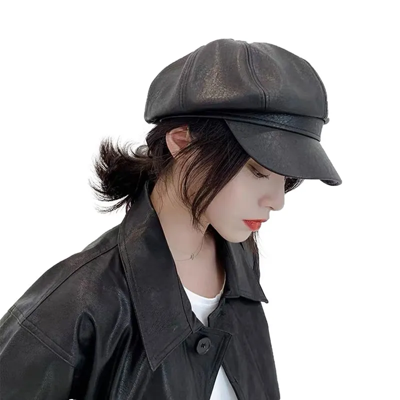 

2020 New Arrivals Women Leather Octagonal Hat PU Matte Korean Fashion Solid Color Berets Wild Curved Brim Peaked Cap
