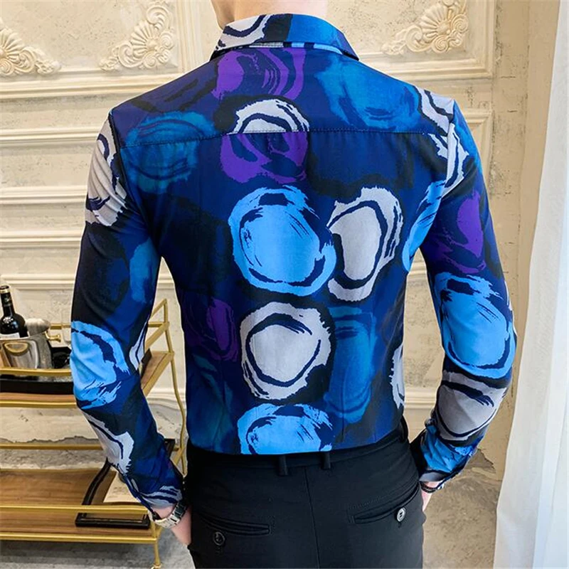 

Creative Blue Circle Printing Nightclub Luxury Long-Sleeved Shirt Autumn New Quality Polyester Fashion Slim Chemise Homme M-XXXL