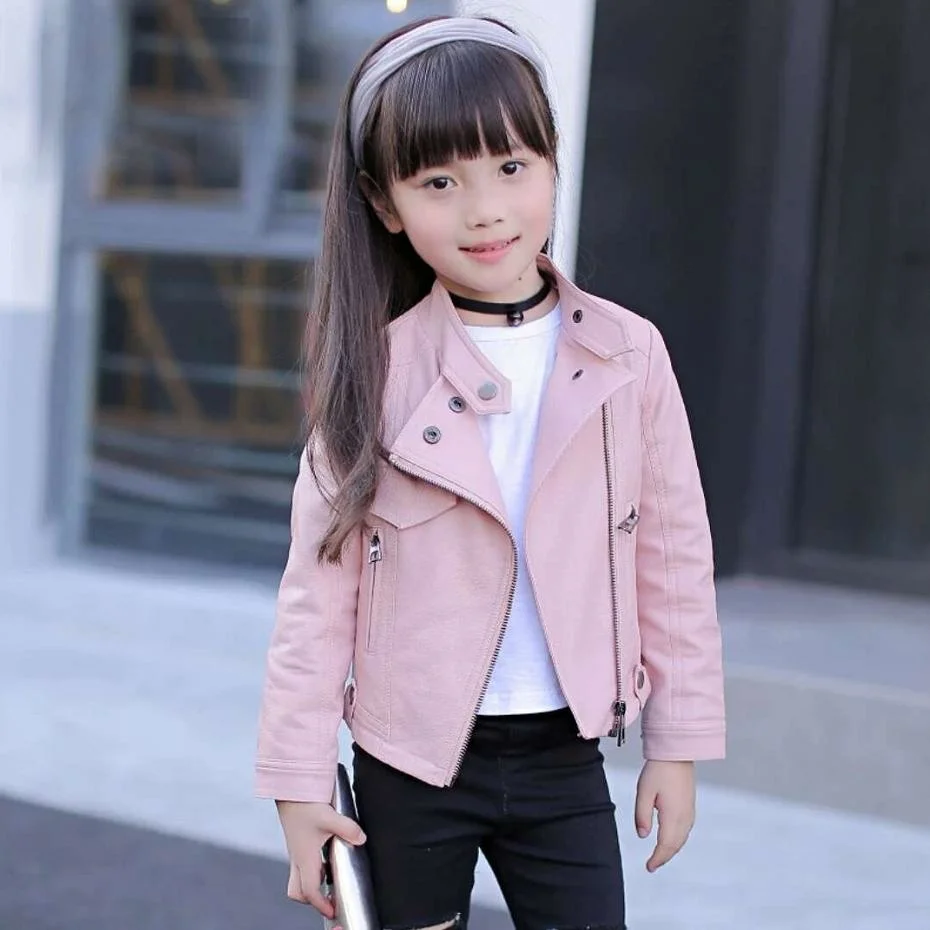 

Baby Girls PU Jacket Rivet Zipper Cool Jacket Leather Clothing For Girls 3-13T Classic Collar Zipper Motorcycle Outerwear Y657
