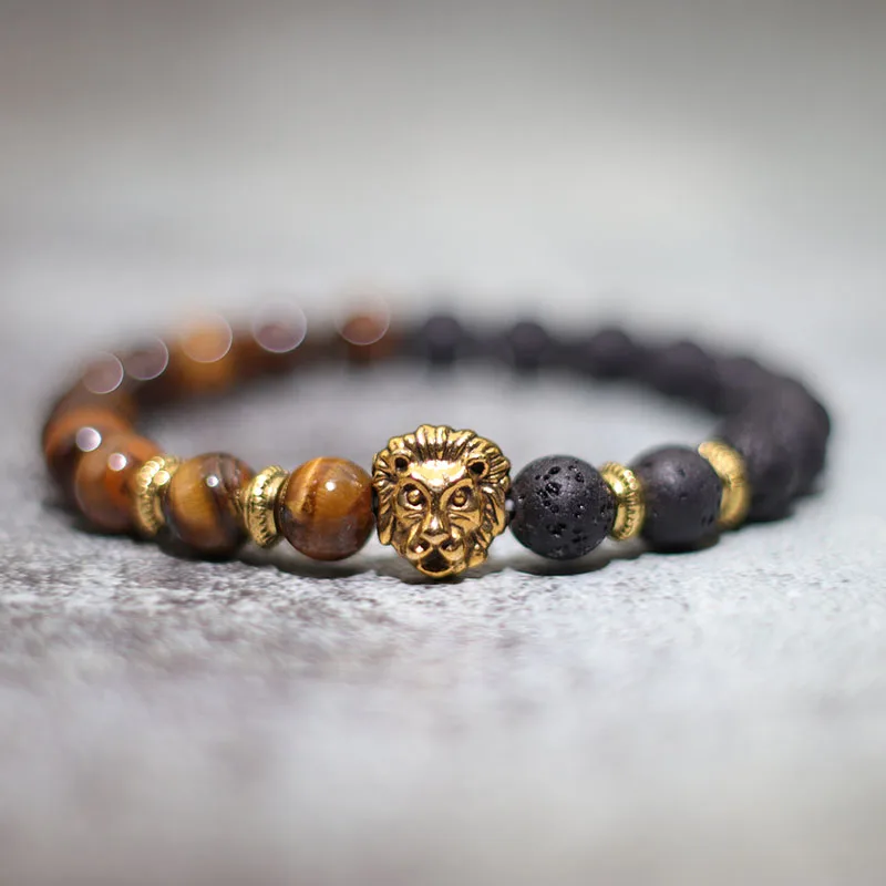 Модный мужской браслет из натуральной лавы тигрового глаза золотого цвета с
