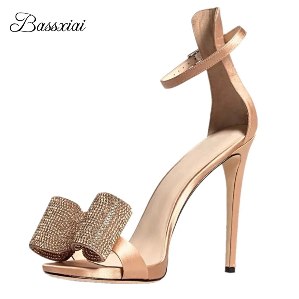 

Diamond Butterfly-Knot Gladiator Sandals Women 10cm Thin High Heel Luxury Satin Ankle Strap Summer Sandalias Mujer