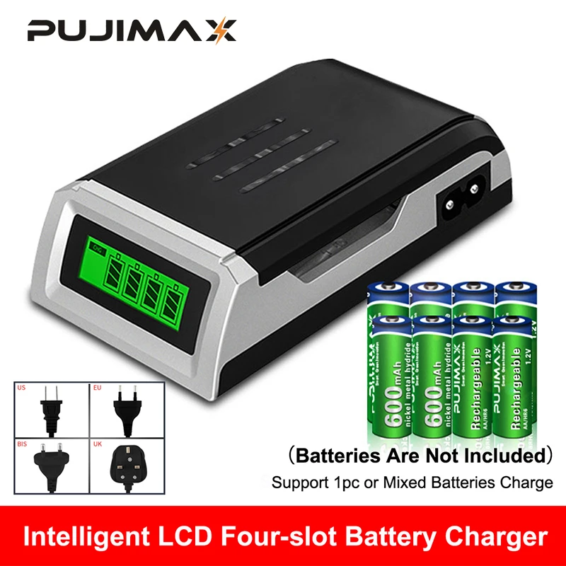 

PUJIMAX 4 Slots Smart 1.2V Battery Charger With Charging Cable LCD Display For AA/AAA NiMH NiCd Rechargeable Batteries Adapter