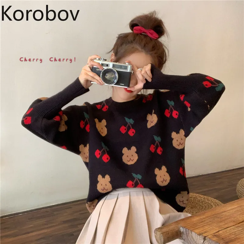 Korobov корейский кавайный мультяшный вязаный жаккардовый Женский пуловер длинный рукав круглый вырез осень зима свитера 79335