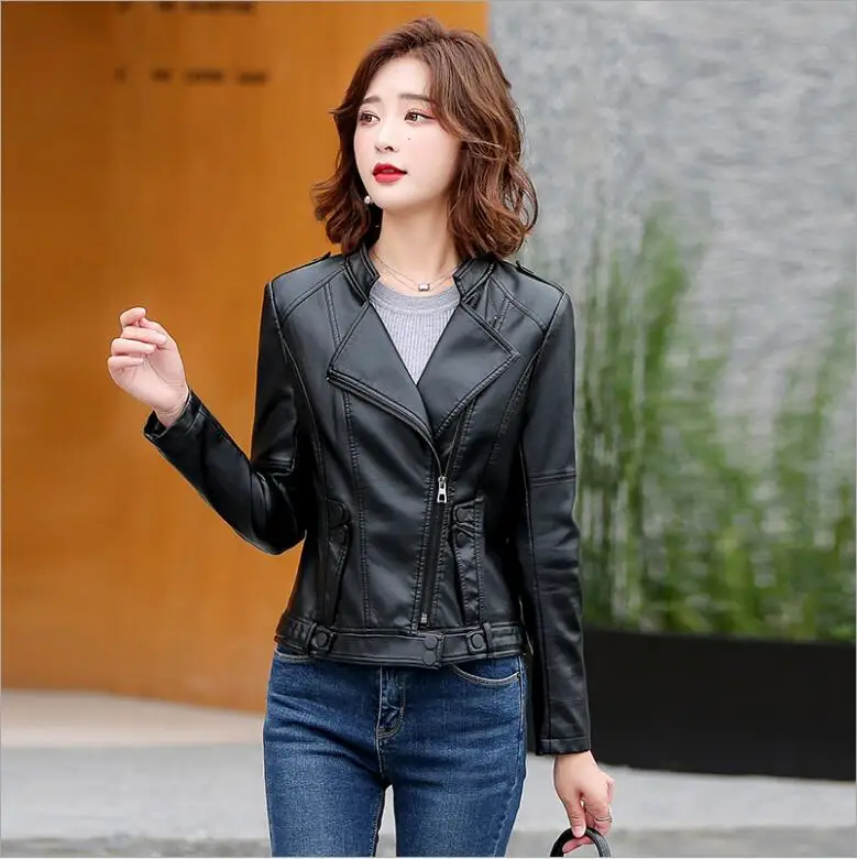 Japanese Korean woman Spring Autumn leather clothing Lady PU leather jacket women motorcycle leather Thin Coat