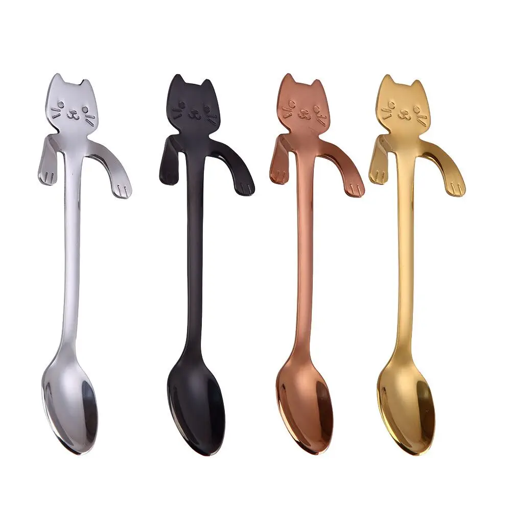 New Arrival Mini 304 Stainless Steel Cartoon Cat Spoon Long Handle Flatware Coffee Drinking Tools Kitchen Gadget | Дом и сад