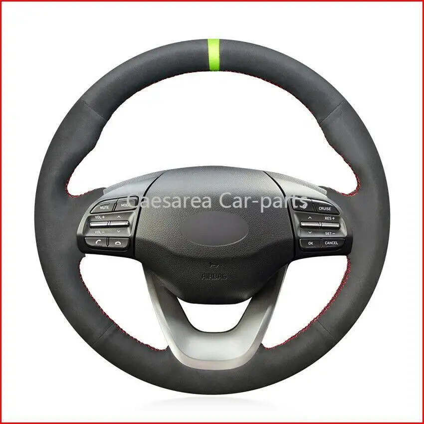 

Custom Made DIY Anti Slip Black Suede Hand Sew Steering Wheel Cover for Hyundai Kona 2018-20 Accessories