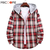 2020 korean fashion men plaid long sleeved shirts hooded couple clothes spring wear with buttons hip hop streetwear blouse tops