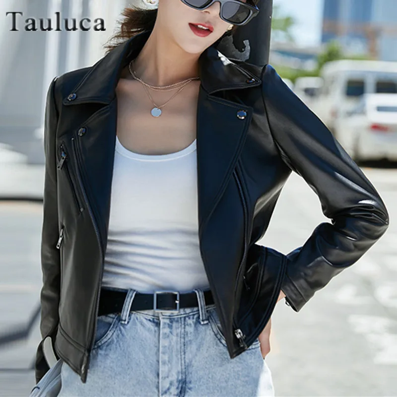 Casual Woman Zipper Genuine Real Leather Jacket Spring Autumn Fashion Long Sleeve Basic Jackets For Women Black Slim Coat Female