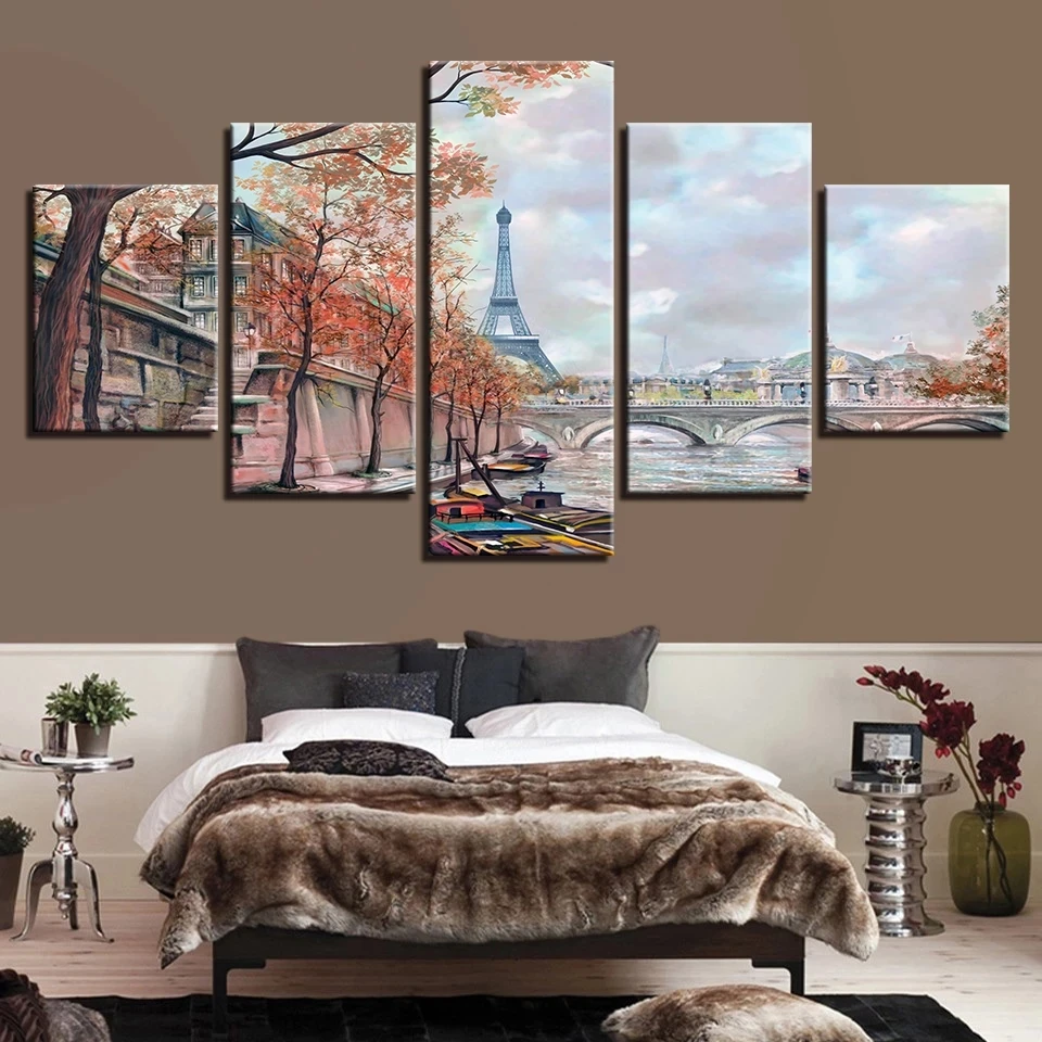 

Canvas Poster Wall Art HD Print Scenery Frame 5 Pieces Paris Tower Bridge Painting Modular Picture For Home Decor Living Room