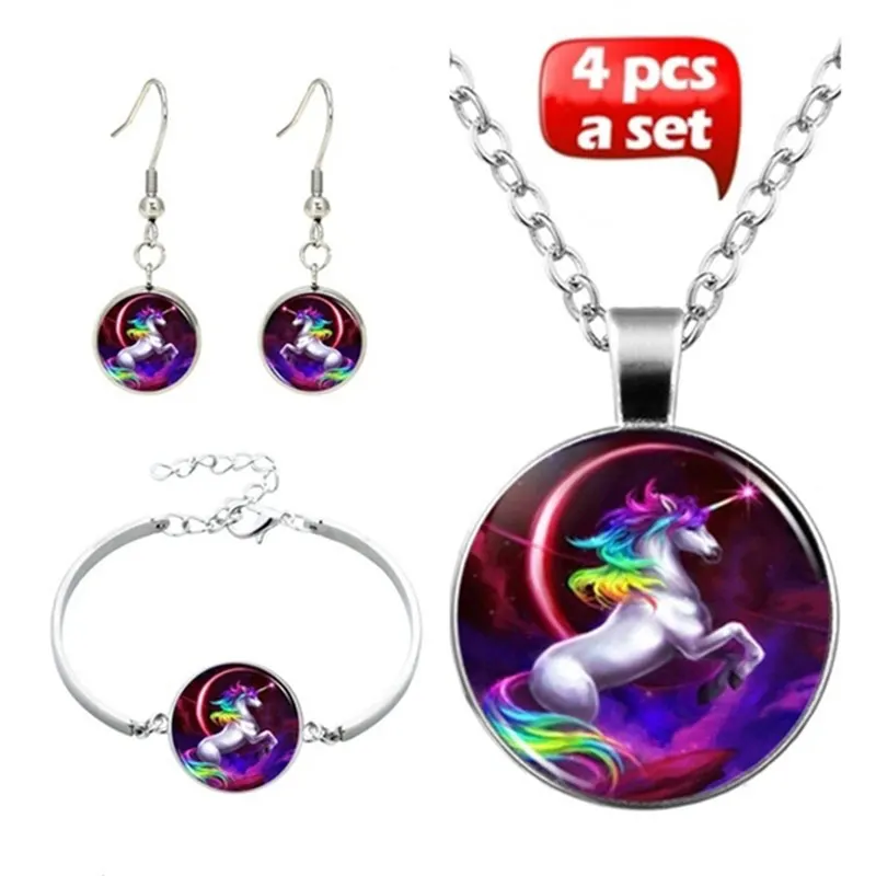 

4Pcs/Set Handmade Fashion Glass Colorful Horse Unicorn Pendant Necklace Bracelet Earrings For Women Accessories Wholesale