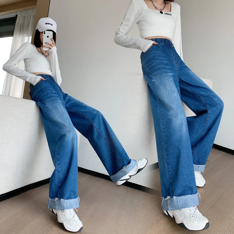 

High Waist Denim Wide Leg Mopping Pants Women 2021 Autumn And Winter New Style Korean Loose Fat Plus Size Pants Trend