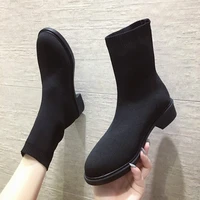 womens boots round toe knitted stretch ankle boots thick heel high heels shoes woman 2021 autumn winter female socks boots