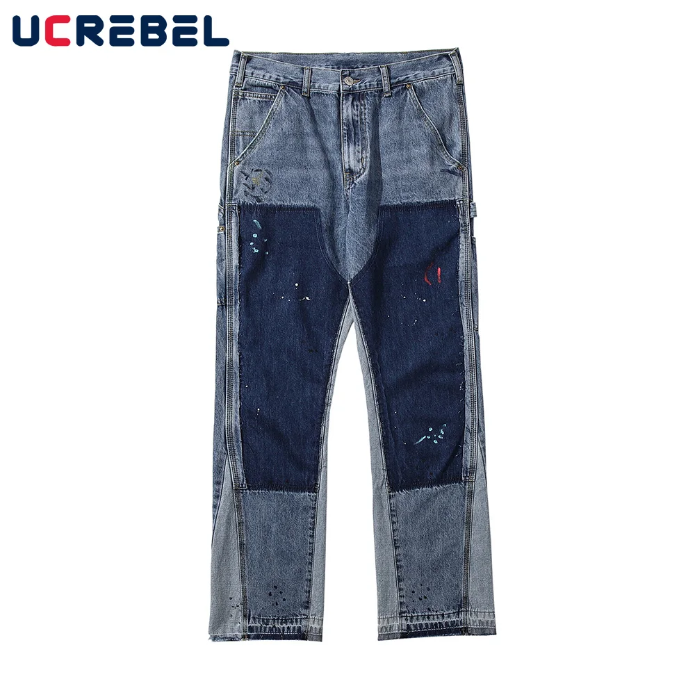 

Contrast Paneled Washed Distressed Jeans Mens High Street Splash Ink Print Denim Pants Casual Loose Straight-leg Trousers Men