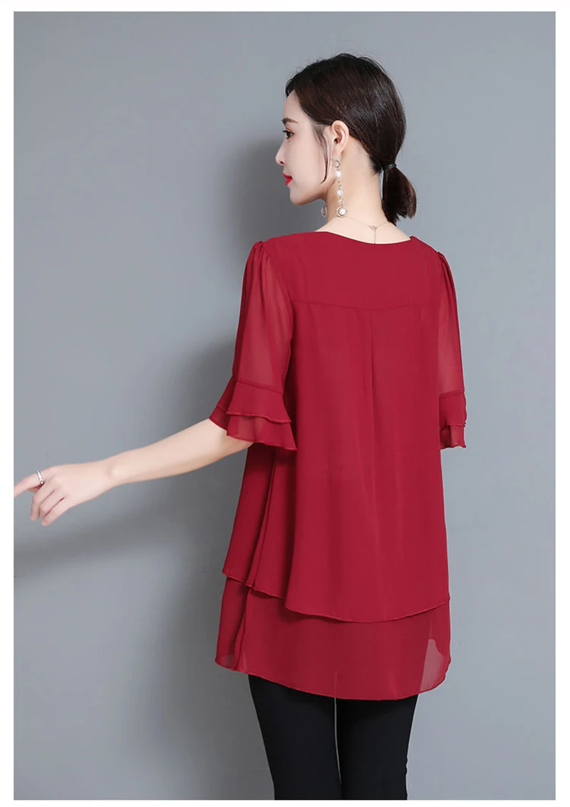 Женская шифоновая блузка многослойная длинная летняя с круглым вырезом и