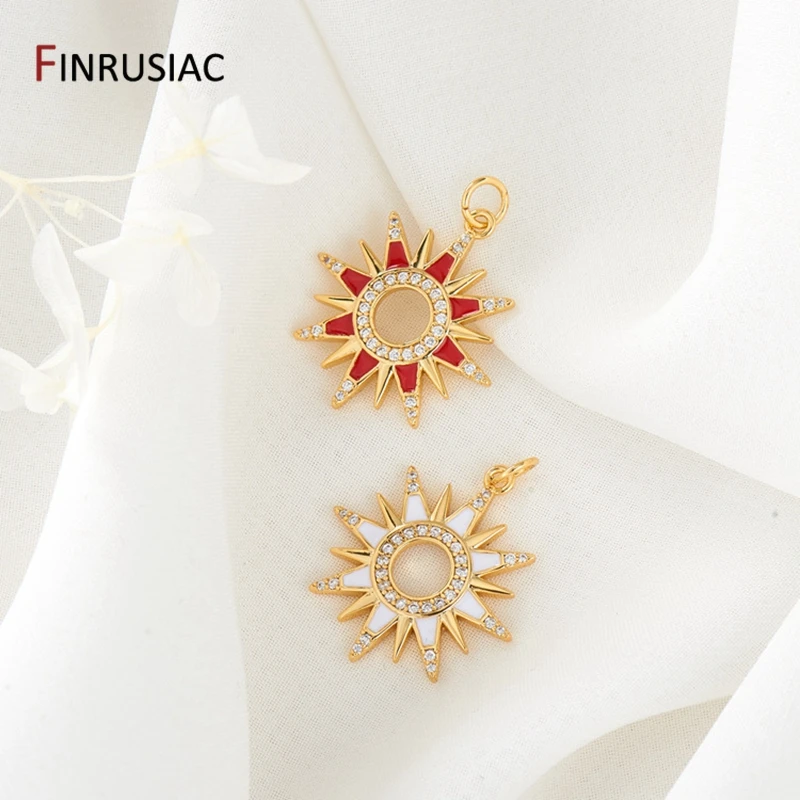 

14K Gold-Plated Enamel Red And White Sun Pendant, Pave Setting Zircon Round Sun Charms DIY Handmade Jewelry Necklace Components