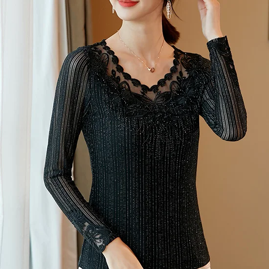 Black Long sleeve Женская блузка, модная рубашка с длинным рукавом, Осенние Топы, элегантные тонкие вышитые кружевные рубашки размера плюс, Женские топы и блузы - Цвет: Black Long sleeve
