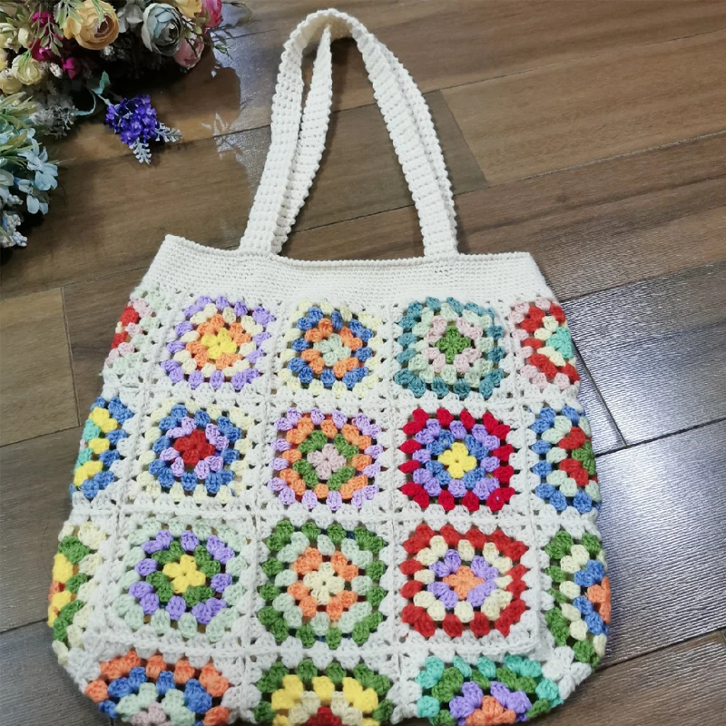 

White Granny Square Handmade Crochet Bag With Original Colorful Pattern Granny Square Shoulder Tote Bag DIY Kintting