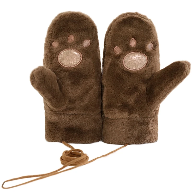 

Toddler Kids Winter Fluffy Plush Full Finger Gloves Cartoon Bear Paw Embroidery Windproof Thermal Mittens with String