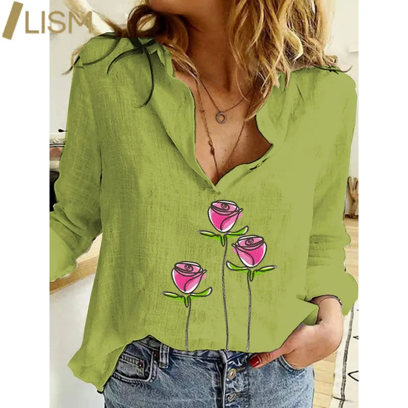 

С цветочным принтом Блузка для женщин с длинным рукавом отложным воротником Рубашка летняя блуза повседневные топы Blusas Camisas размера плюс