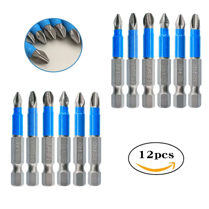 

12pc hexagonal handle anti-slip blue leather purse ring 50mm electric screwdriver combination set strong magnetic cross head.